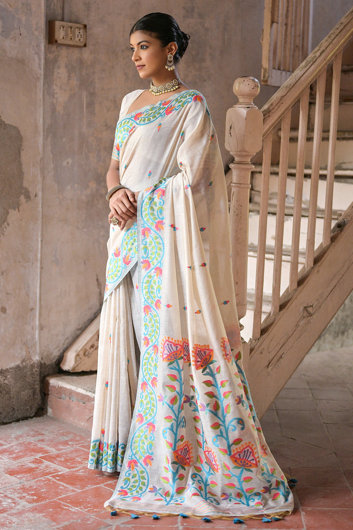 Delightful Cream Handloom Woven Cotton Casual Saree