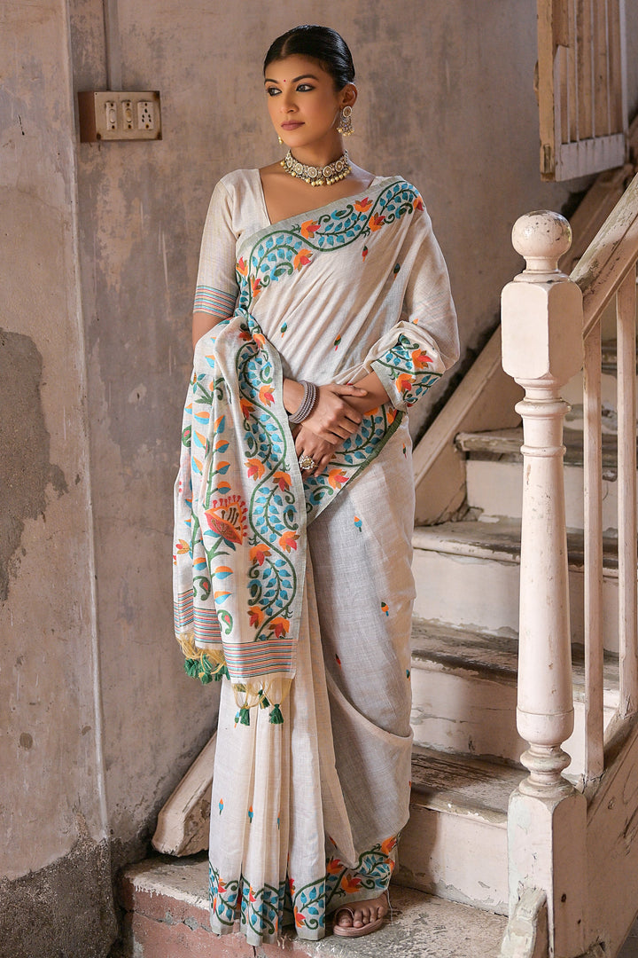 Daily Wear Cotton Fabric Handloom Woven Saree In Cream Color