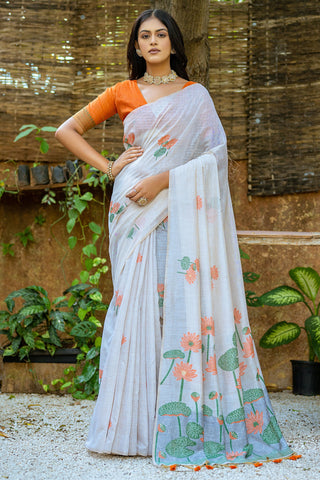 Muga Cotton Fabric Weaving Work Off White Daily Wear Saree