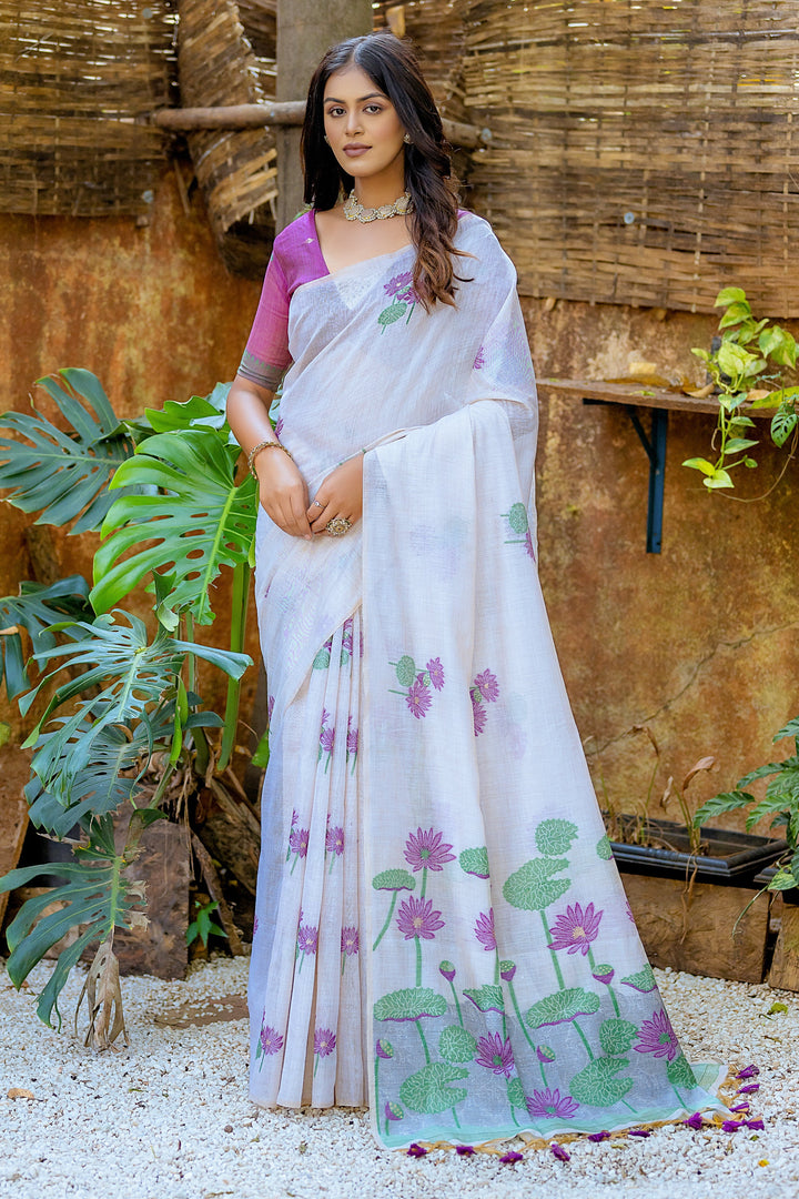 Casual Look Muga Cotton Fabric Off White Weaving Work Saree