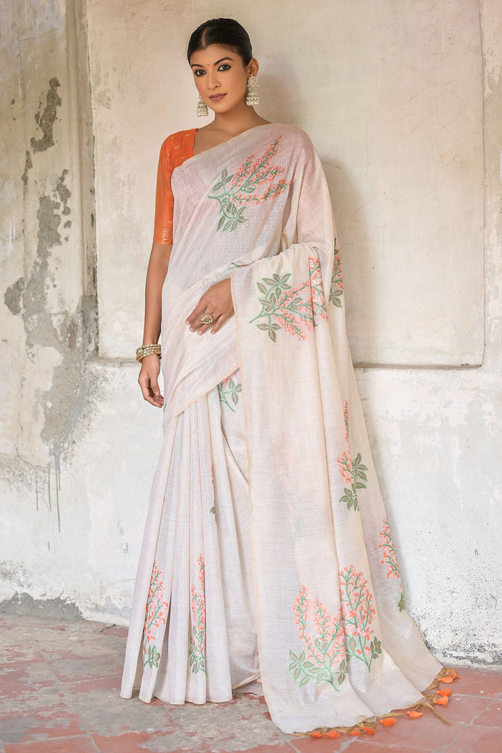 Cream Color Muga Cotton Fabric Weaving Work Saree