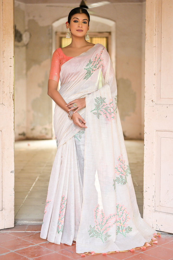 Cream Color Casual Muga Cotton Fabric Saree With Weaving Work