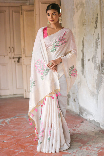 Muga Cotton Fabric Cream Color Weaving Work Casual Look Saree