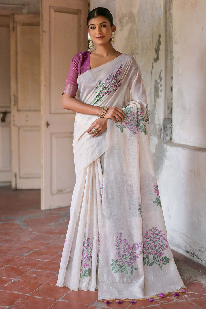 Cream Muga Cotton Fabric Weaving Work Fancy Saree