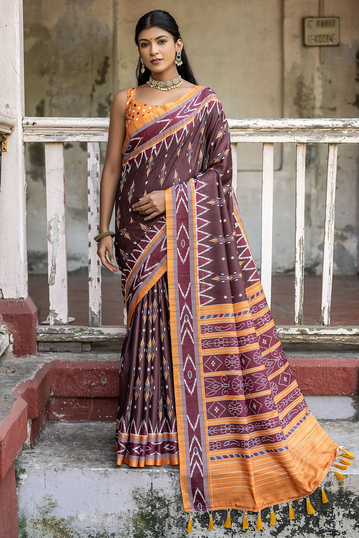 Cotton Silk Fabric Printed Casual Saree In Brown Color