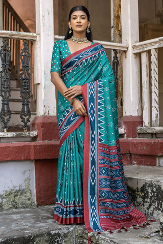 Teal Cotton Silk Fabric Fancy Printed Casual Look Saree