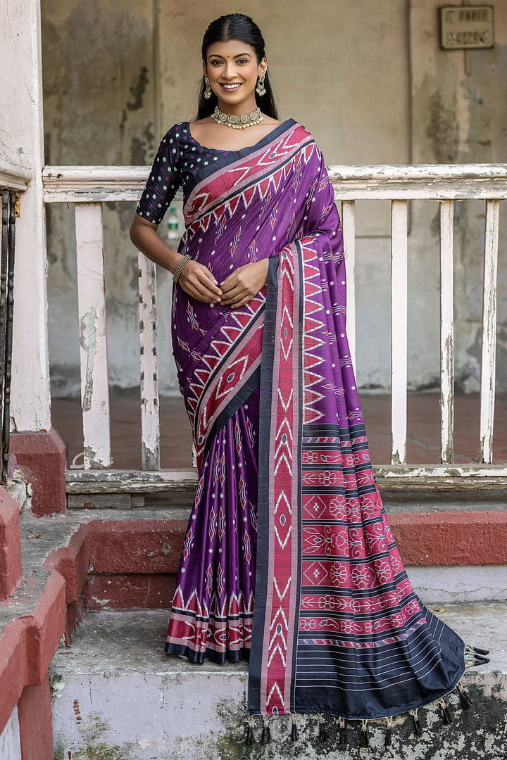 Casual Look Purple Exclusive Printed Cotton Silk Fabric Sarees