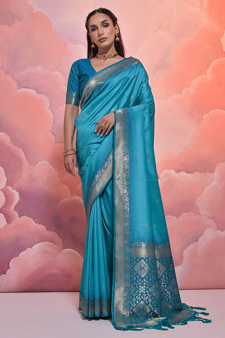 Cyan Color Function Wear Art Silk Fabric Weaving Design Excellent Saree