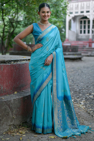 Beguiling Cyan Art Silk Fabric Weaving Work Saree