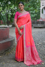 Load image into Gallery viewer, Tempting Art Silk Fabric Weaving Work Saree In Peach Color