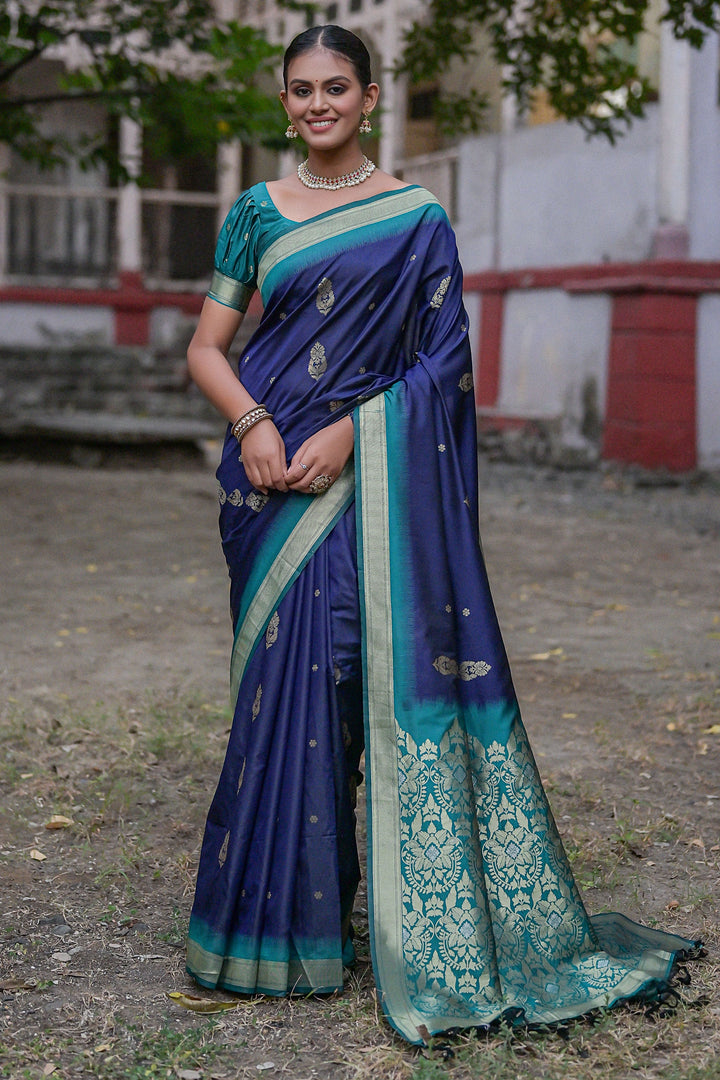 Engaging Navy Blue Color Weaving Work Art Silk Fabric Saree