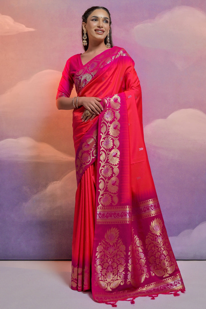 Art Silk Fabric Pink Color Weaving Work Saree