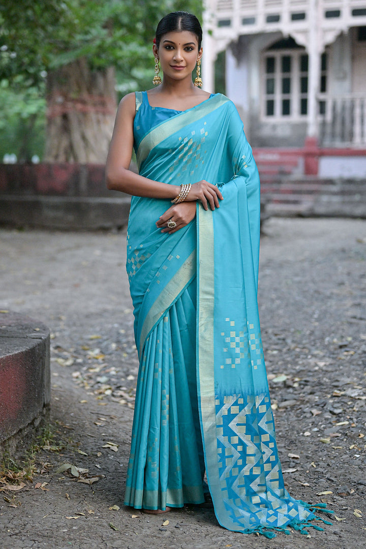 Attractive Cyan Color Weaving Work Art Silk Designer Saree