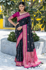 Load image into Gallery viewer, Black Color Banarasi Art Silk Fabric Weaving Work Saree