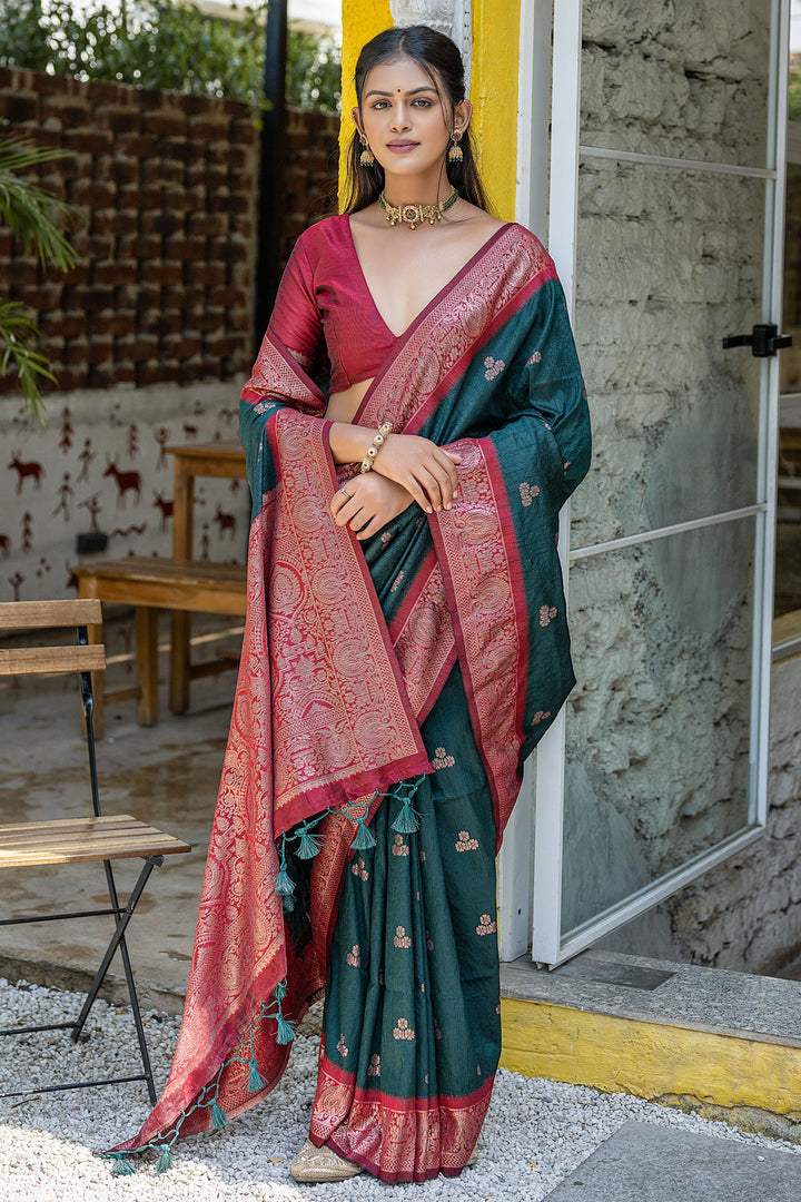 Dark Green Color Weaving Work Function Wear Banarasi Art Silk Fabric Saree