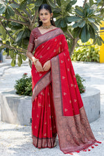 Load image into Gallery viewer, Red Color Exclusive Weaving Work Banarasi Art Silk Fabric Sarees