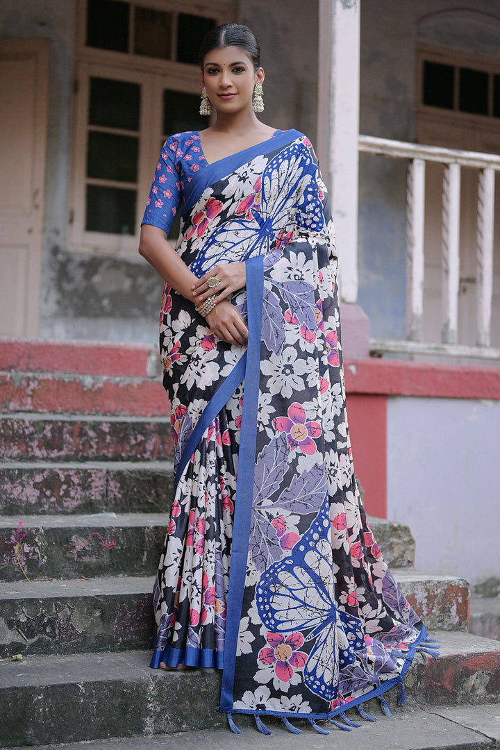 Cotton Silk Floral Printed Saree In Black Color