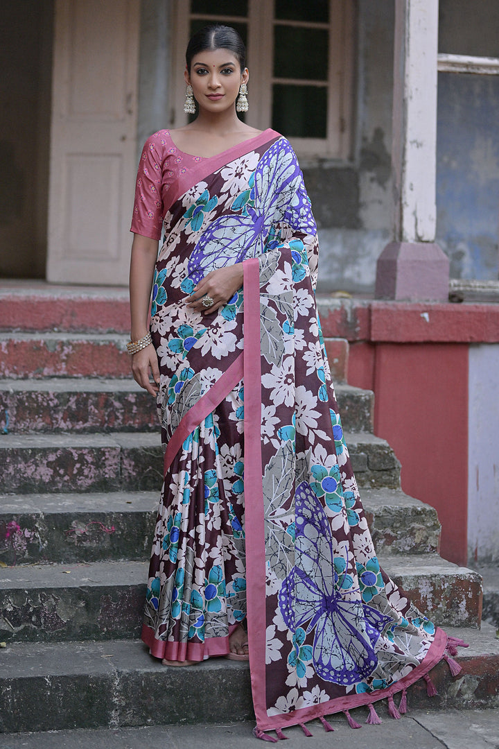 Cotton Silk Brown Color Floral Printed Saree