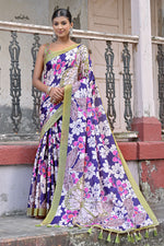 Load image into Gallery viewer, Attractive Blue Color Floral Printed Cotton Silk Simple Look Saree
