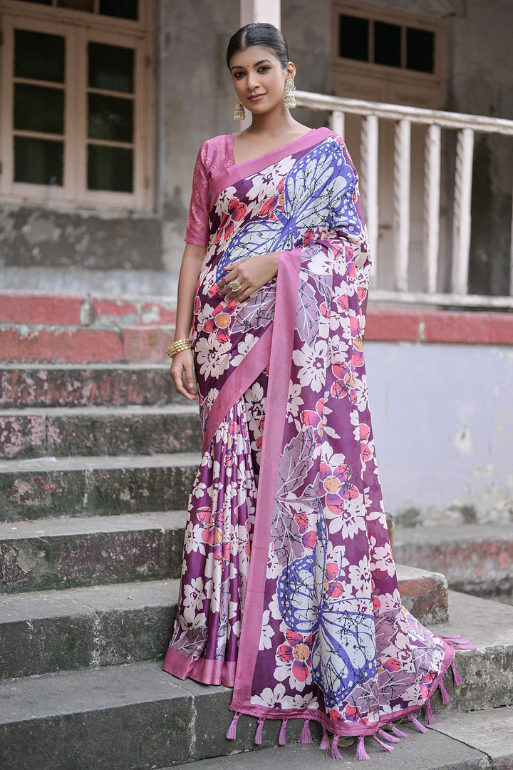 Daily Wear Cotton Silk Floral Printed Purple Color Saree