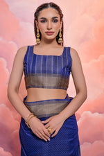 Load image into Gallery viewer, Cotton Fabric Blue Color Zari Woven Border Saree

