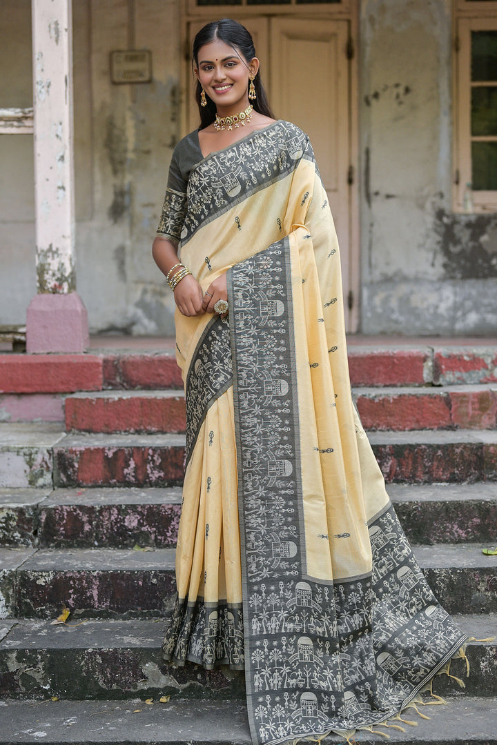 Radiant Beige Color Handloom Raw Silk Woven Border Saree