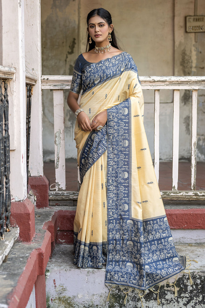 Mesmeric Handloom Raw Silk Woven Border Saree In Beige Color