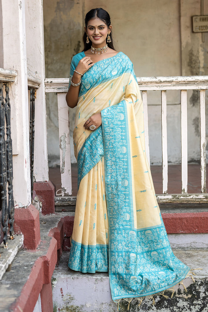 Beige Color Beguiling Woven Border Casual Handloom Raw Silk Saree