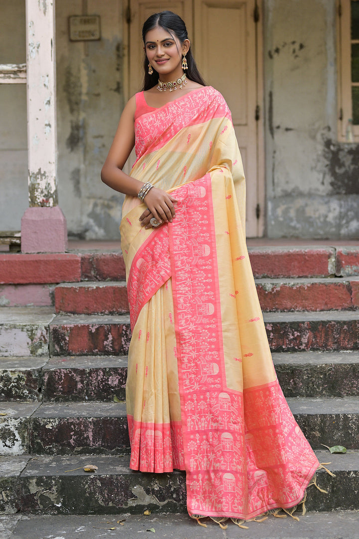 Engaging Handloom Raw Silk Beige Color Woven Border Saree