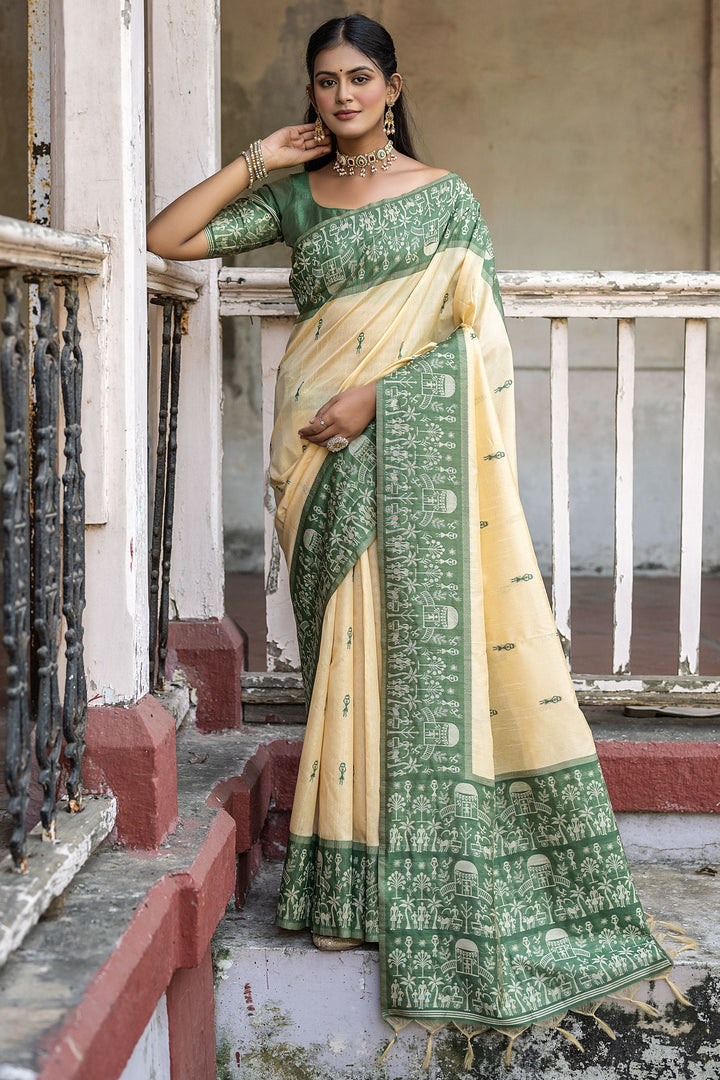 Casual Look Beige Color Handloom Raw Silk Woven Border Saree