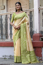 Load image into Gallery viewer, Beige Woven Border Handloom Raw Silk Exclusive Sarees
