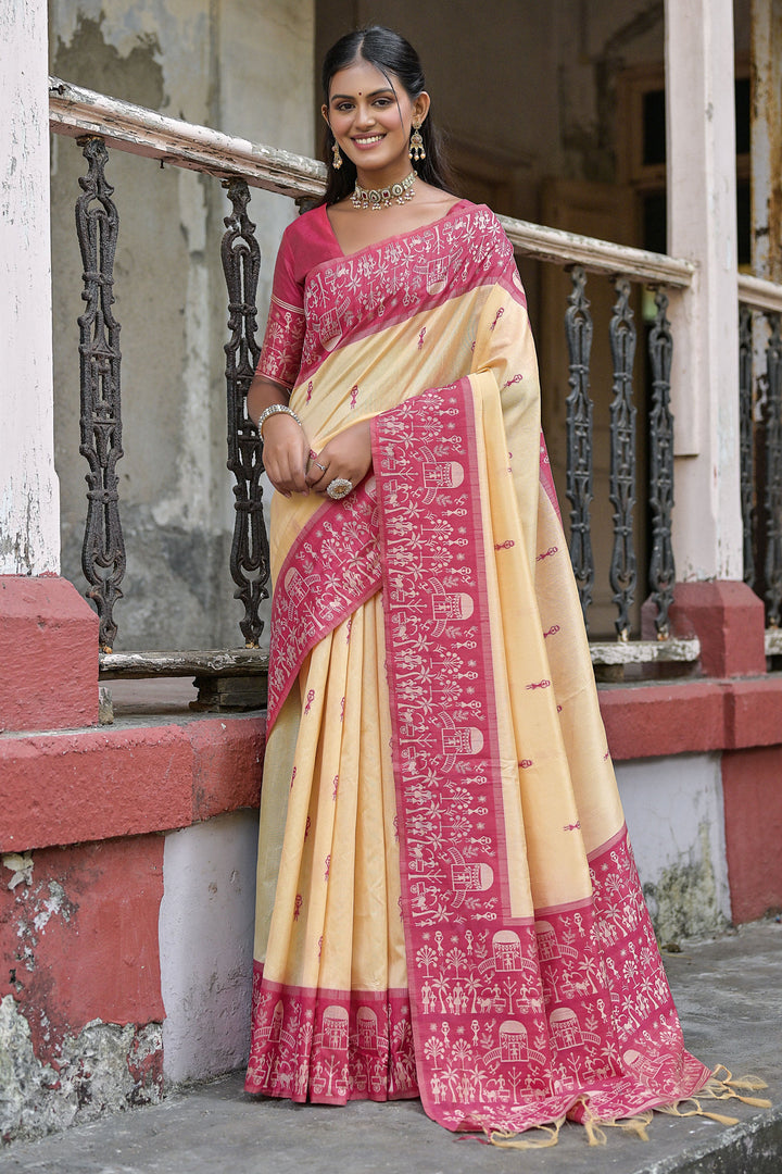 Attractive Woven Border Handloom Raw Silk Simple Saree In Beige Color