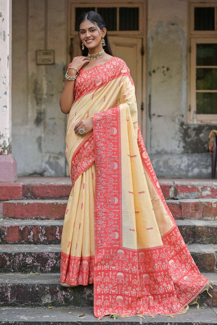 Delightful Beige Color Woven Border Handloom Raw Silk Casual Saree
