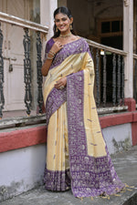 Load image into Gallery viewer, Daily Wear Handloom Raw Silk Woven Border Beige Color Saree
