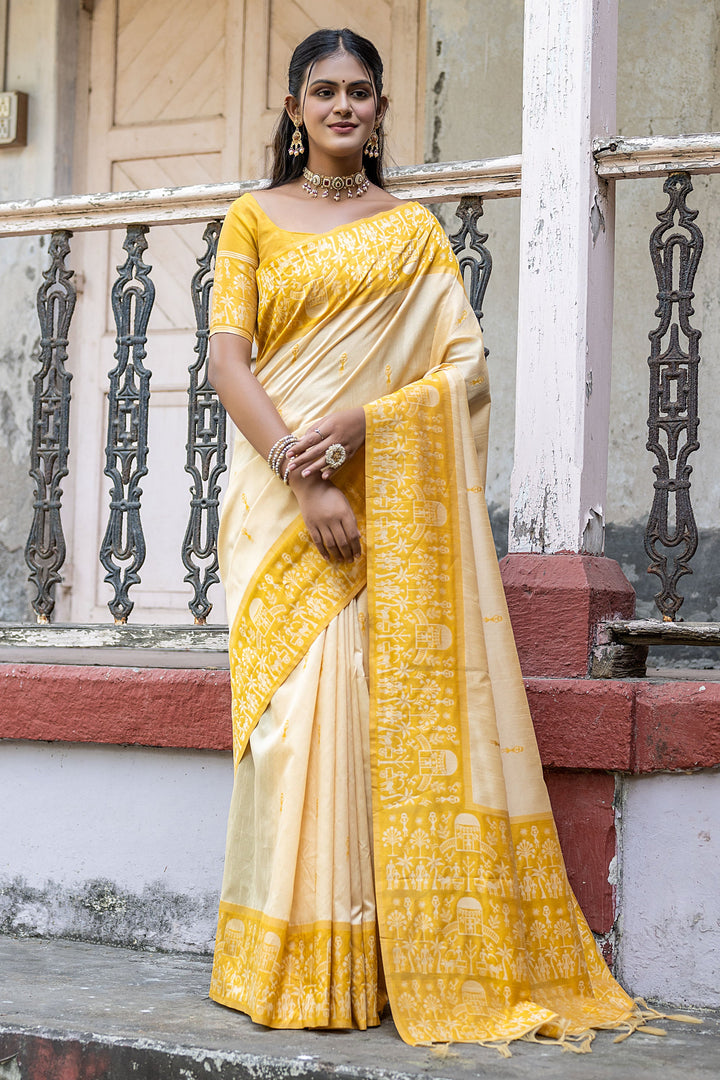 Marvelous Handloom Raw Silk Beige Fancy Woven Border Casual Saree