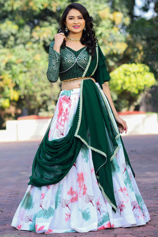 Elegant Printed Work On Art Silk Fabric Lehenga In White Color