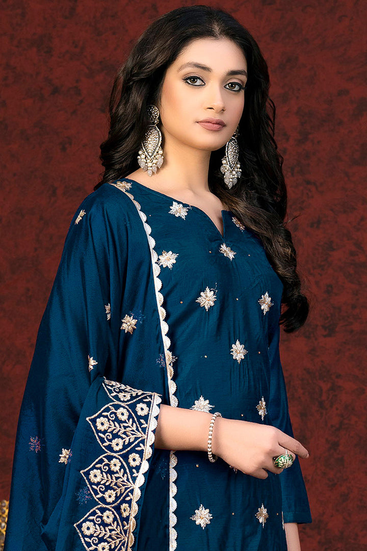 Traditional Chanderi Salwar Suit With Blue Color Resham Embroidered Work