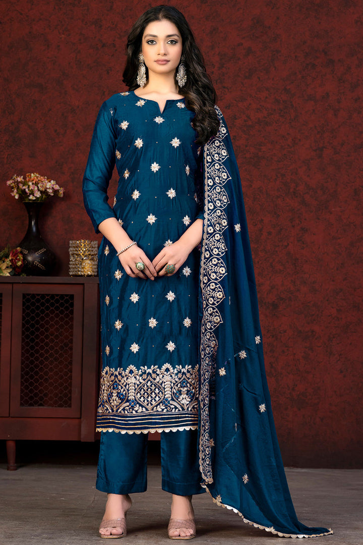 Traditional Chanderi Salwar Suit With Blue Color Resham Embroidered Work