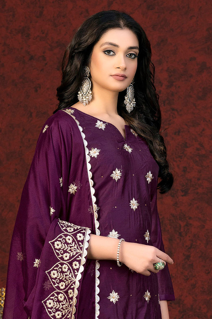 Chanderi Salwar Suit With Resham Embroidered Work In Purple Color