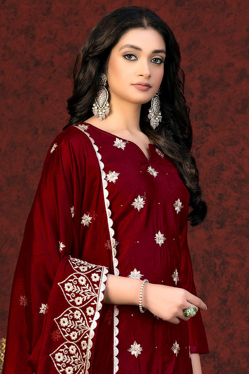 Stunning Resham Embroidered Work Chanderi Fabric Salwar Suit In Maroon Color