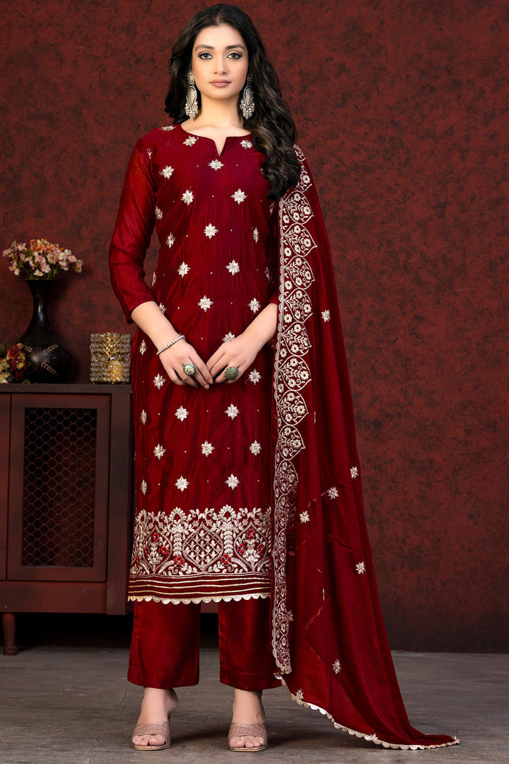 Stunning Resham Embroidered Work Chanderi Fabric Salwar Suit In Maroon Color