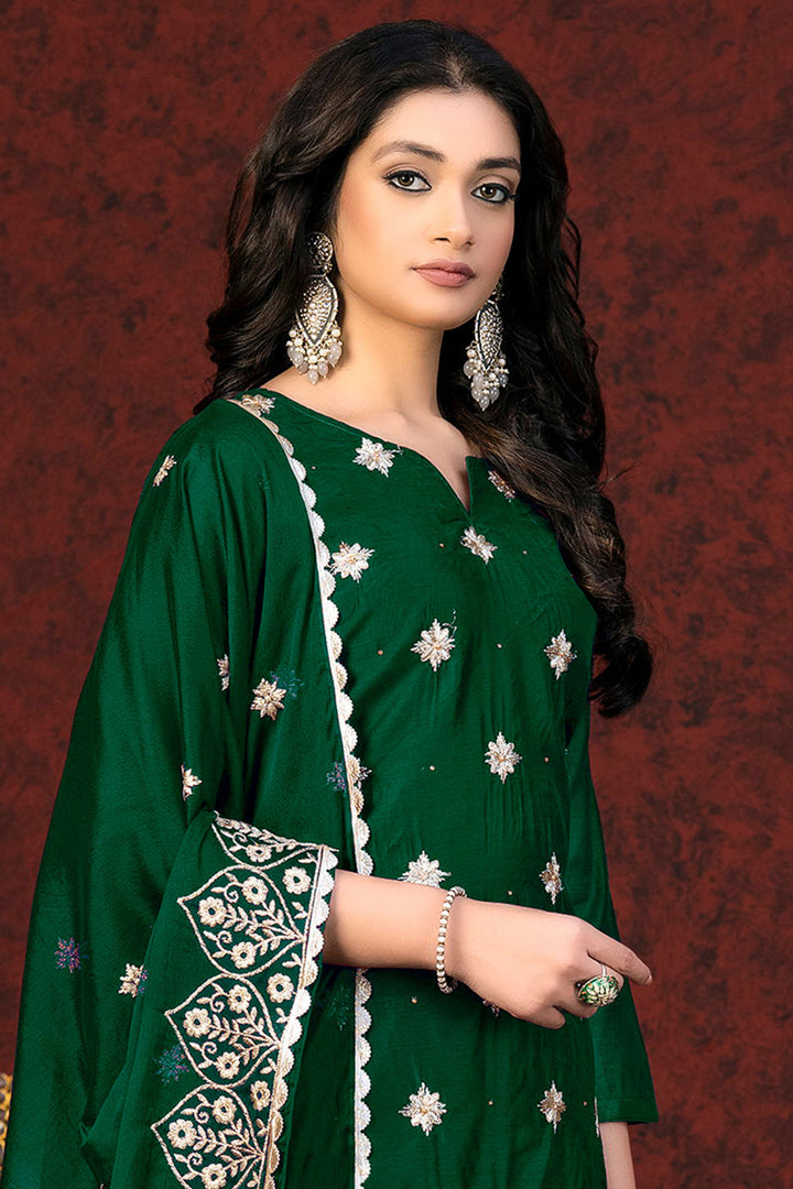 Dark Green Color Chanderi Salwar Suit With Intricate Resham Embroidered Work