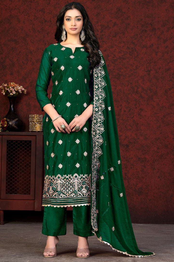 Dark Green Color Chanderi Salwar Suit With Intricate Resham Embroidered Work