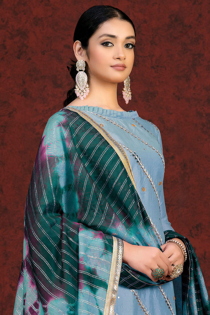 Chanderi Salwar Suit With Sky Blue Color Resham Embroidered Work