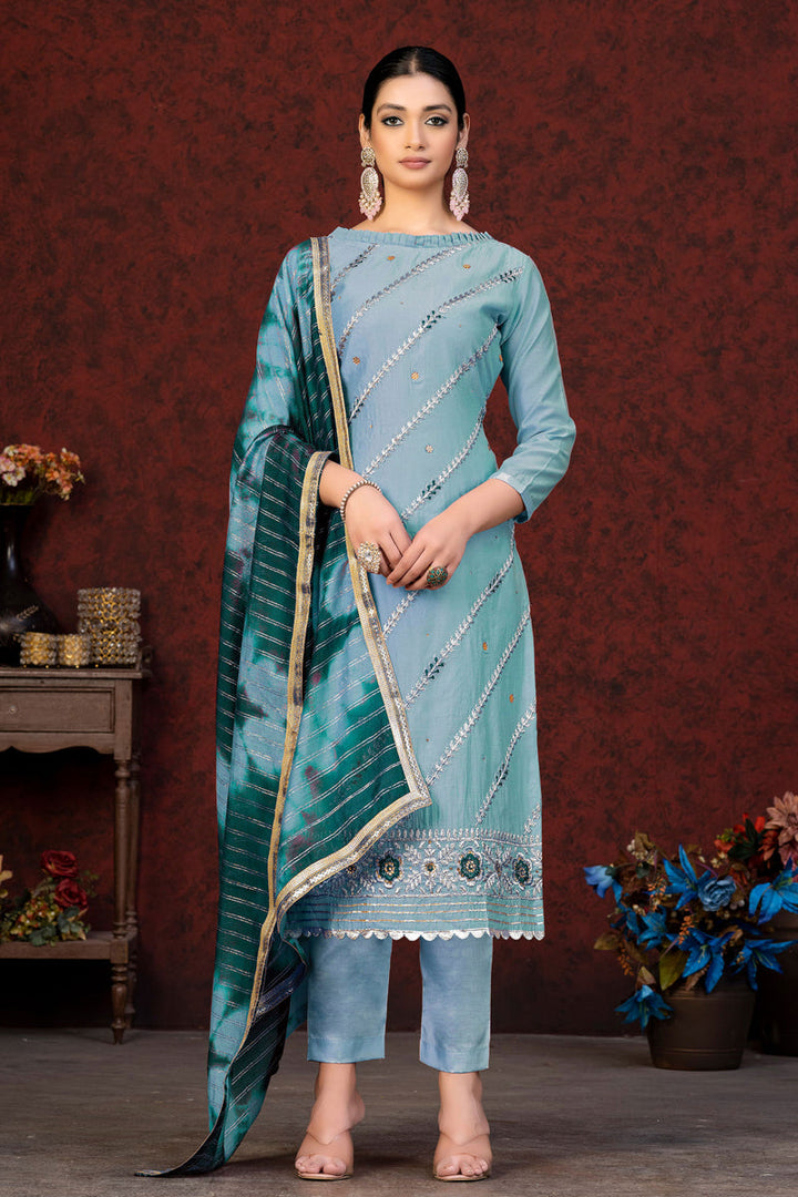 Chanderi Salwar Suit With Sky Blue Color Resham Embroidered Work