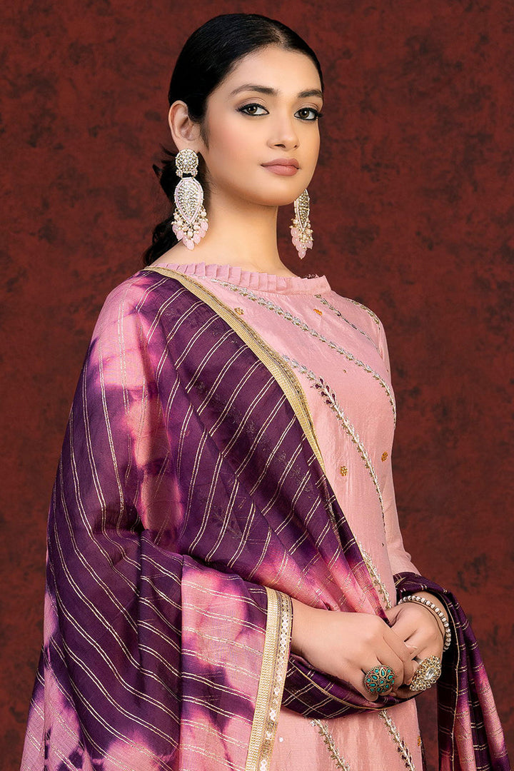 Classic Chanderi Salwar Suit With Peach Color Resham Embroidered Work