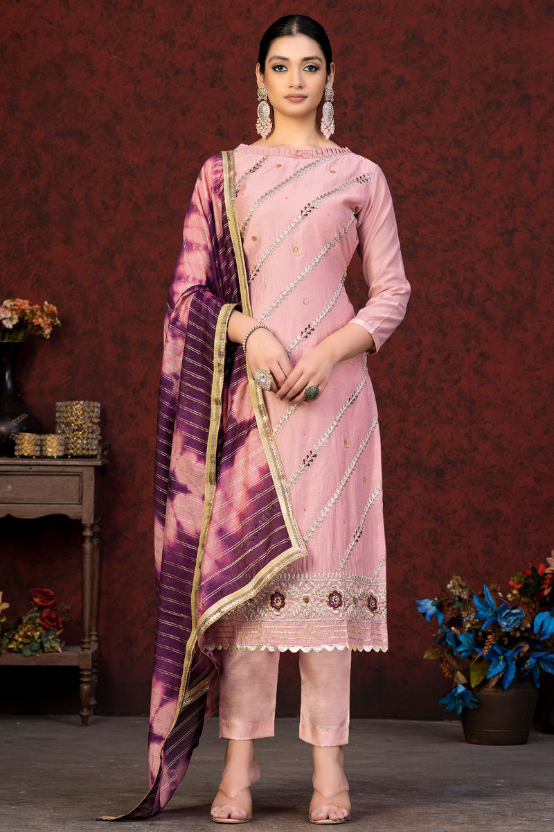 Classic Chanderi Salwar Suit With Peach Color Resham Embroidered Work