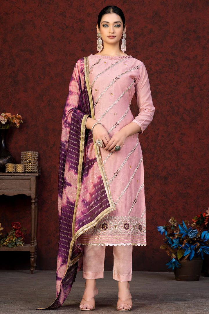 Classic Chanderi Salwar Suit With Peach Color Resham Embroidered Work