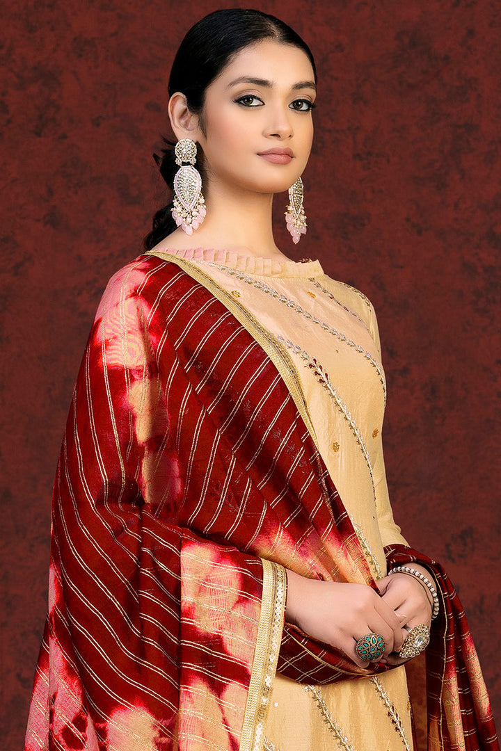 Beige Color Chanderi Salwar Suit With Resham Embroidered Work