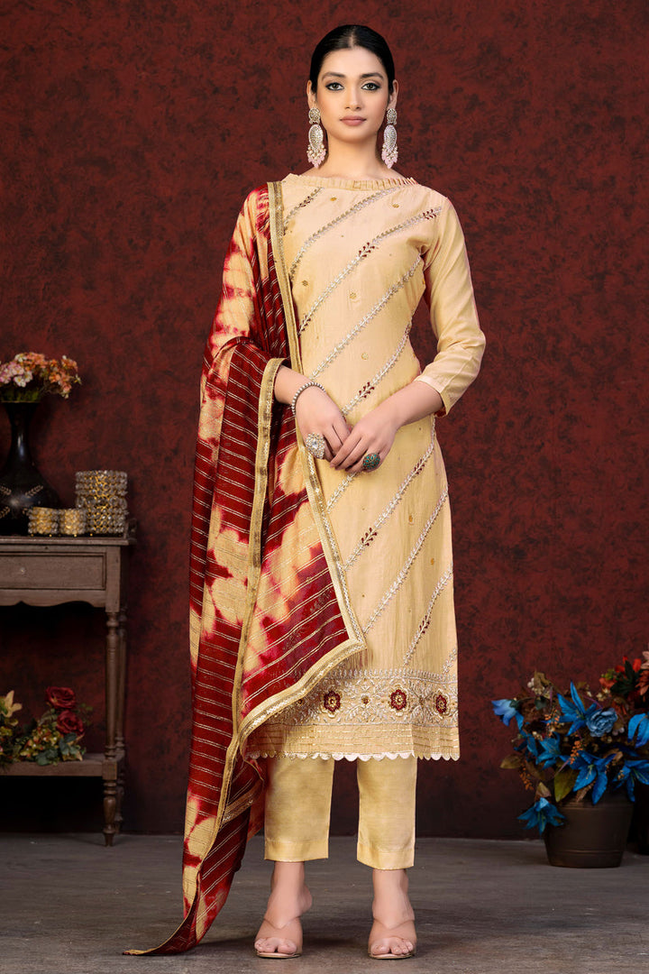 Beige Color Chanderi Salwar Suit With Resham Embroidered Work